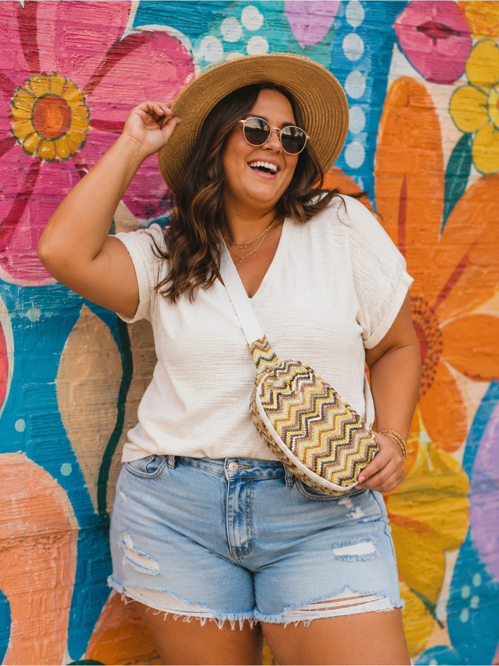 Woven Brown Cream Chevron Crossbody Belt Bag